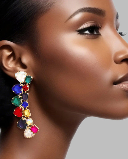 Women's Dangle Stud Earrings Gold Metal with Multicolor Heart and Radiant Cut Shaped Crystals Featuring Linked Angle Drop Design. 