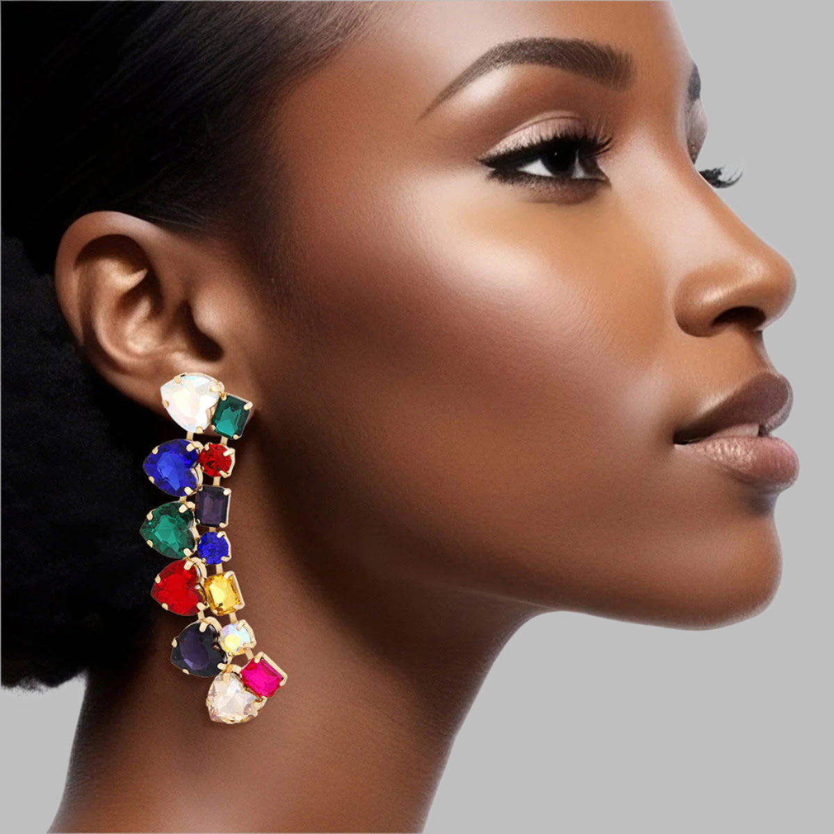 Women's Dangle Stud Earrings Gold Metal with Multicolor Heart and Radiant Cut Shaped Crystals Featuring Linked Angle Drop Design. 