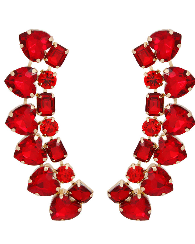 Women's Dangle Stud Earrings Gold Metal with Red Heart and Radiant Cut Shaped Crystals Featuring Linked Angle Drop Design.