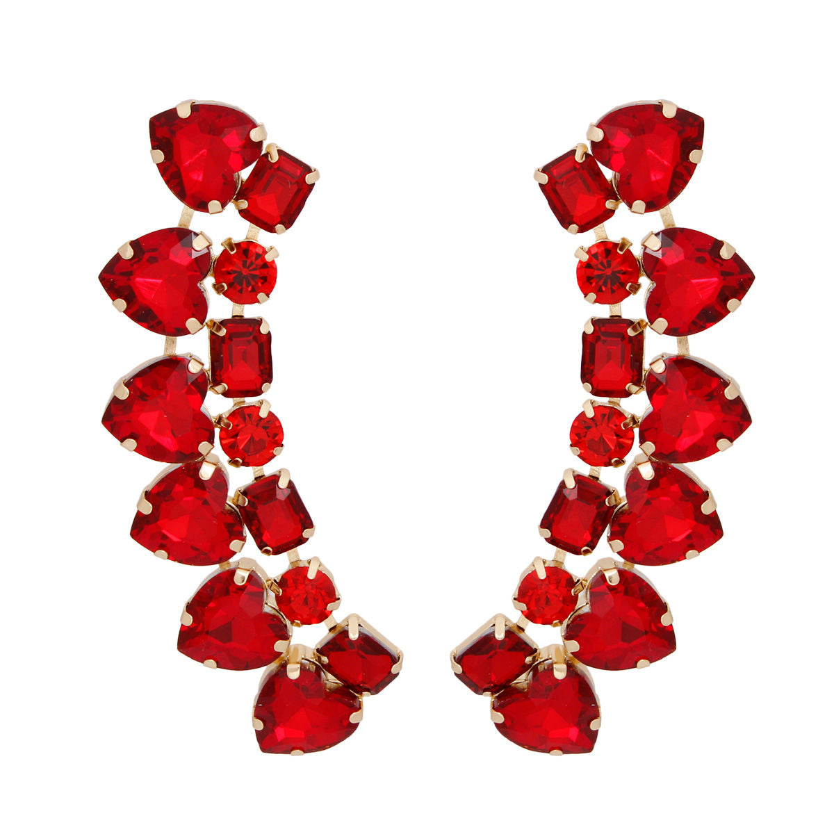 Women's Dangle Stud Earrings Gold Metal with Red Heart and Radiant Cut Shaped Crystals Featuring Linked Angle Drop Design.