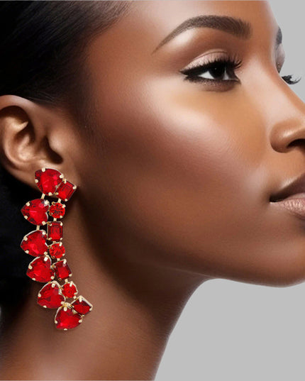 Women's Dangle Stud Earrings Gold Metal with Red Heart and Radiant Cut Shaped Crystals Featuring Linked Angle Drop Design. 
