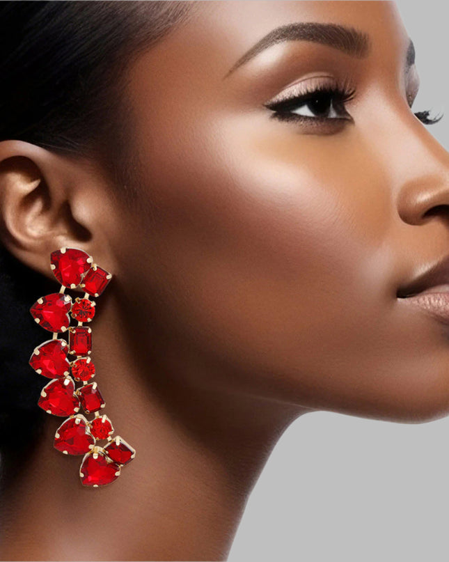 Women's Dangle Stud Earrings Gold Metal with Red Heart and Radiant Cut Shaped Crystals Featuring Linked Angle Drop Design. 