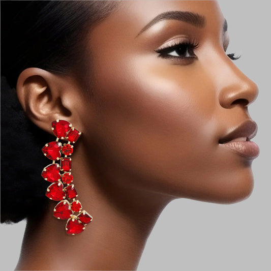 Women's Dangle Stud Earrings Gold Metal with Red Heart and Radiant Cut Shaped Crystals Featuring Linked Angle Drop Design. 