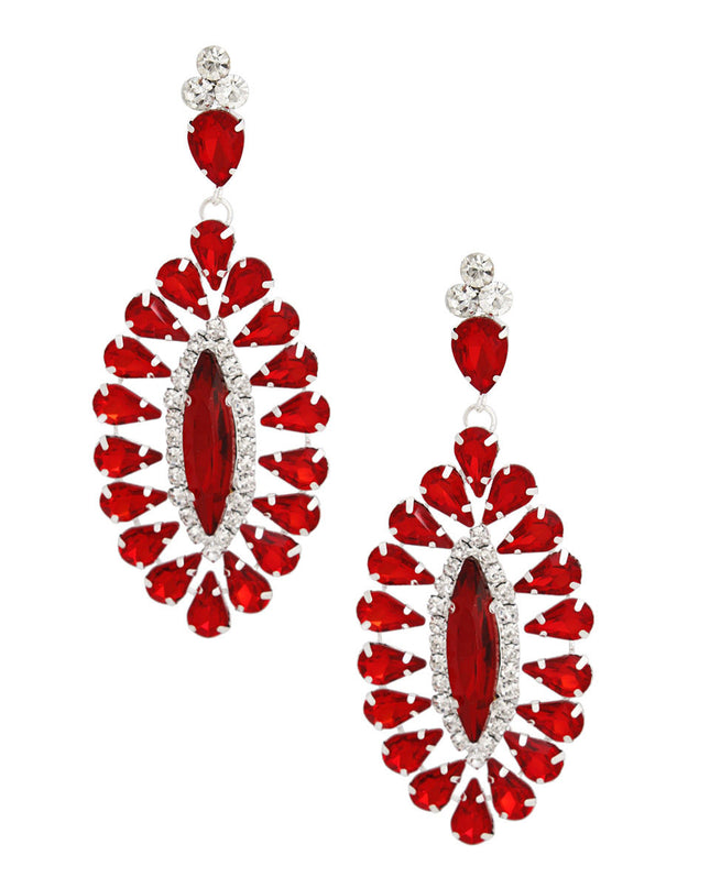 Women's Dangle Earrings Glam Silver Metal with Red Teardrop Crystals and Clear Rhinestones. Elegant Oval Marquise Shaped Drop Detail. Post Backing.