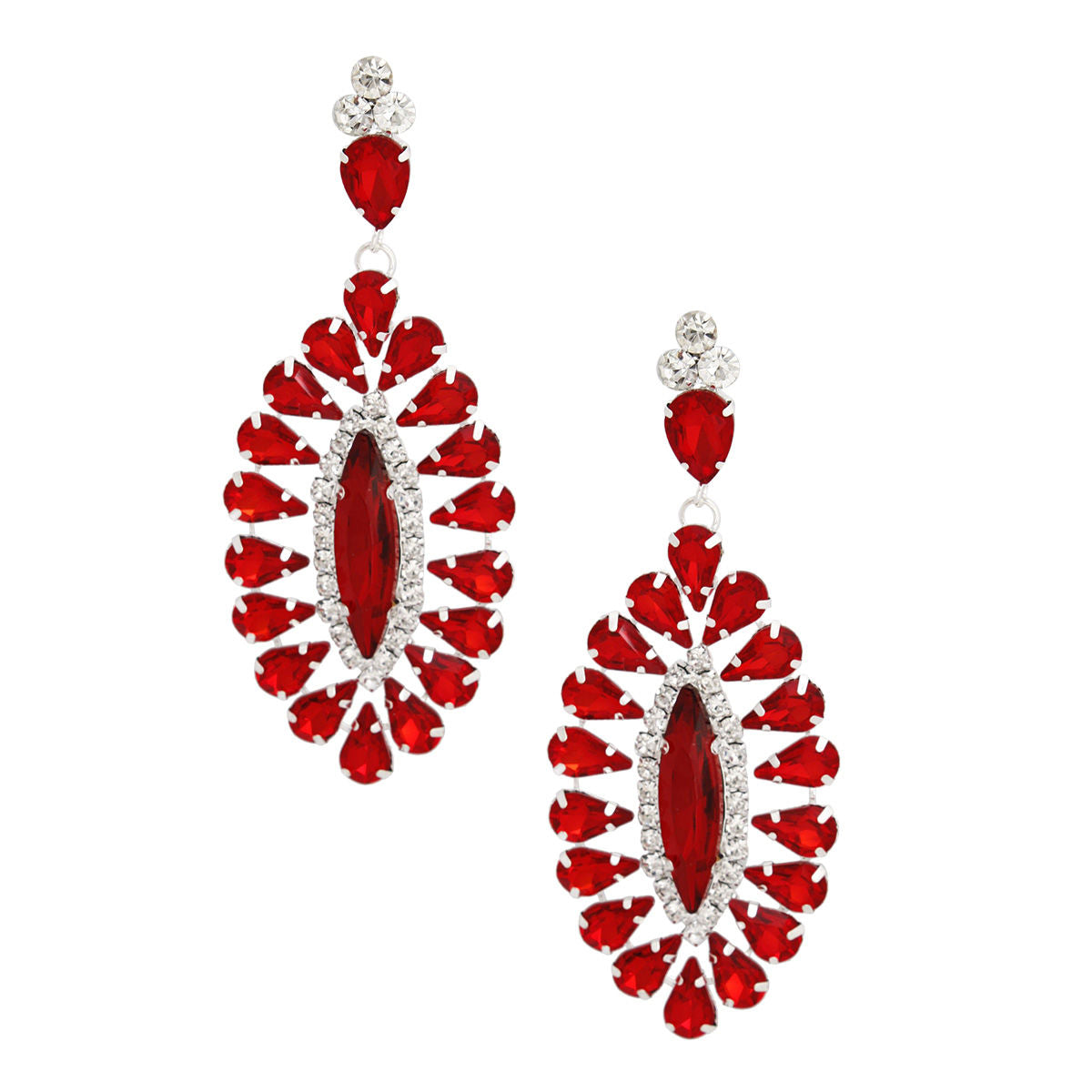 Women's Dangle Earrings Glam Silver Metal with Red Teardrop Crystals and Clear Rhinestones. Elegant Oval Marquise Shaped Drop Detail. Post Backing.