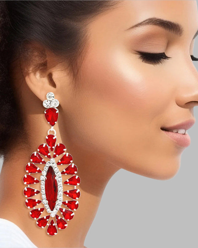 Women's Dangle Earrings Glam Silver Metal with Red Teardrop Crystals and Clear Rhinestones. Elegant Oval Marquise Shaped Drop Detail. Post Backing.