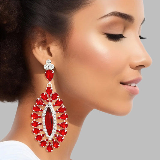 Women's Dangle Earrings Glam Silver Metal with Red Teardrop Crystals and Clear Rhinestones. Elegant Oval Marquise Shaped Drop Detail. Post Backing.
