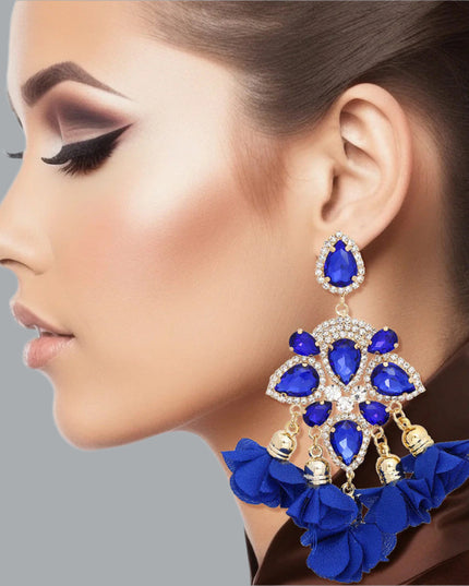 Women's Dangle Earrings Elegant Formal Gold Metal with Royal Blue Teardrop Crystals and Pave Rhinestones Drop Earrings Featuring Fabric Petal Tassel Details. Post Backing.