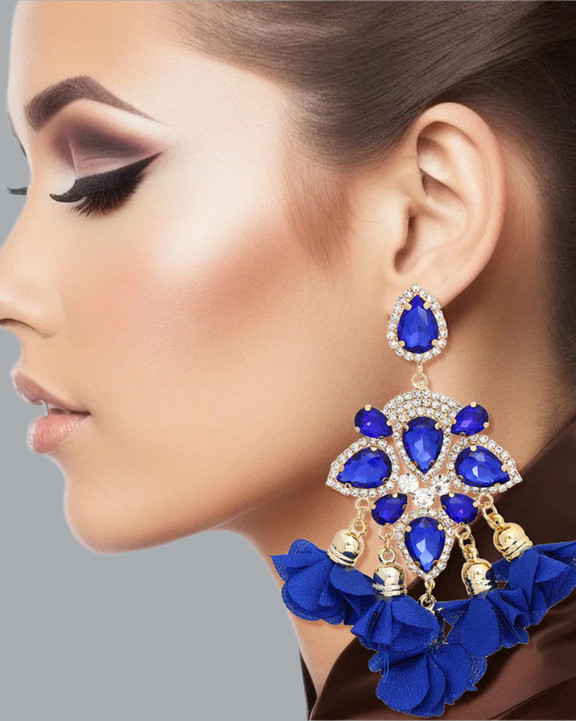 Women's Dangle Earrings Elegant Formal Gold Metal with Royal Blue Teardrop Crystals and Pave Rhinestones Drop Earrings Featuring Fabric Petal Tassel Details. Post Backing.