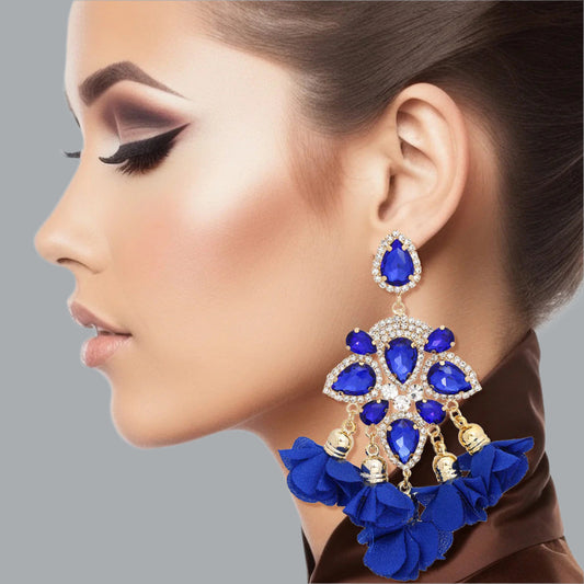 Women's Dangle Earrings Elegant Formal Gold Metal with Royal Blue Teardrop Crystals and Pave Rhinestones Drop Earrings Featuring Fabric Petal Tassel Details. Post Backing.