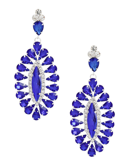 Women's Dangle Earrings Glam Silver Metal with Royal Blue Teardrop Crystals and Clear Rhinestones. Elegant Oval Marquise Shaped Drop Detail. Post Backing.