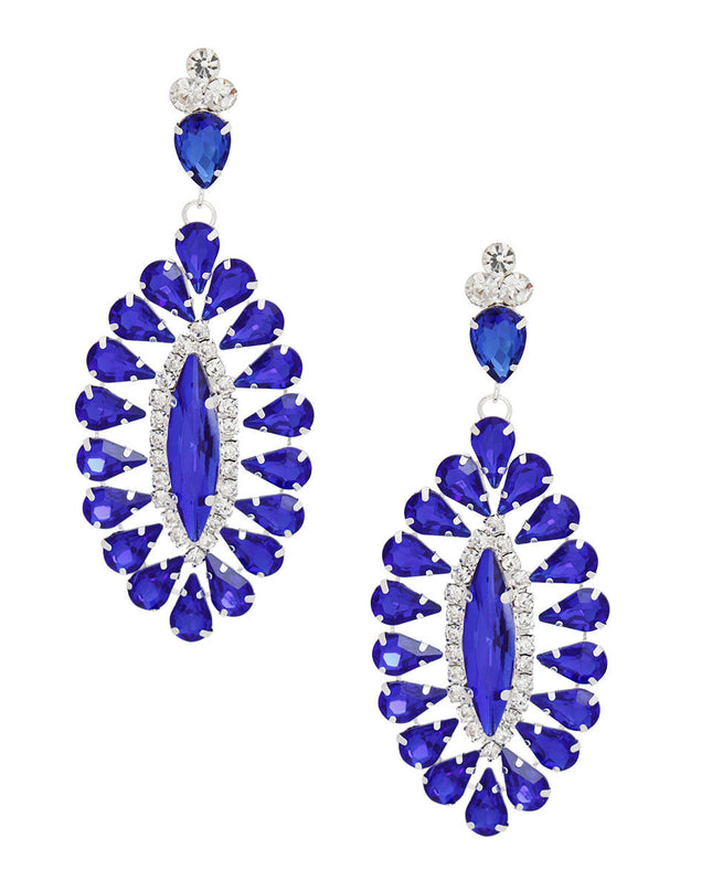 Women's Dangle Earrings Glam Silver Metal with Royal Blue Teardrop Crystals and Clear Rhinestones. Elegant Oval Marquise Shaped Drop Detail. Post Backing.