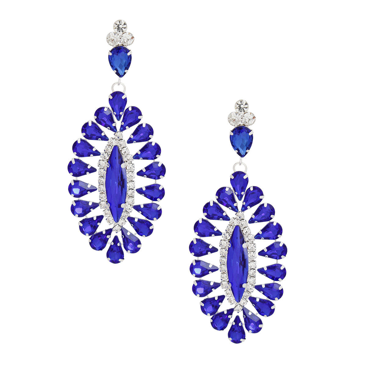 Women's Dangle Earrings Glam Silver Metal with Royal Blue Teardrop Crystals and Clear Rhinestones. Elegant Oval Marquise Shaped Drop Detail. Post Backing.