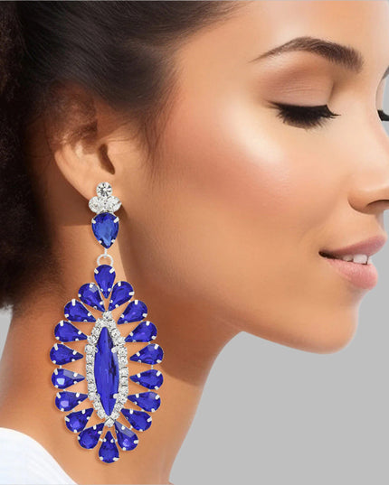 Women's Dangle Earrings Glam Silver Metal with Royal Blue Teardrop Crystals and Clear Rhinestones. Elegant Oval Marquise Shaped Drop Detail. Post Backing.