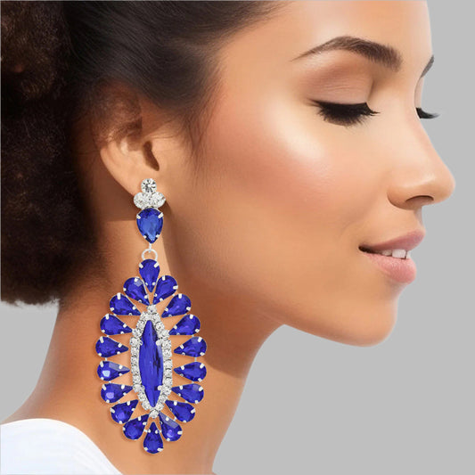Women's Dangle Earrings Glam Silver Metal with Royal Blue Teardrop Crystals and Clear Rhinestones. Elegant Oval Marquise Shaped Drop Detail. Post Backing.