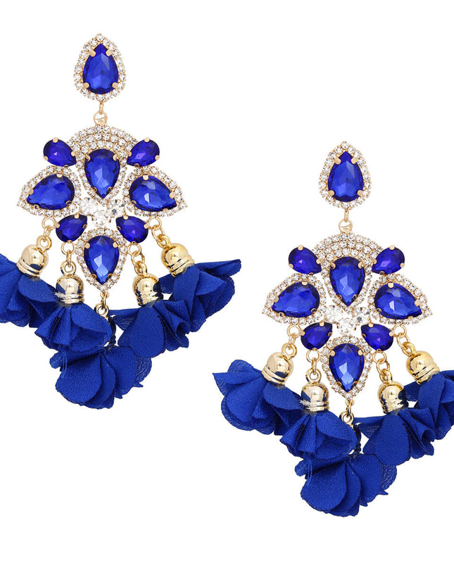 Women's Dangle Earrings Elegant Formal Gold Metal with Royal Blue Teardrop Crystals and Pave Rhinestones Drop Earrings Featuring Fabric Petal Tassel Details. Post Backing.