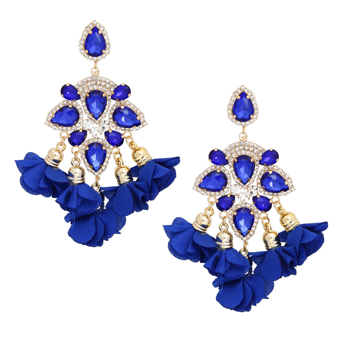 Women's Dangle Earrings Elegant Formal Gold Metal with Royal Blue Teardrop Crystals and Pave Rhinestones Drop Earrings Featuring Fabric Petal Tassel Details. Post Backing.