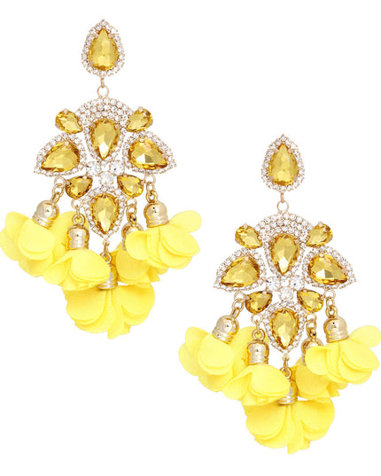 Women's Dangle Earrings Elegant Formal Gold Metal with Yellow Teardrop Crystals and Pave Rhinestones Drop Earrings Featuring Fabric Petal Tassel Details. Post Backing.