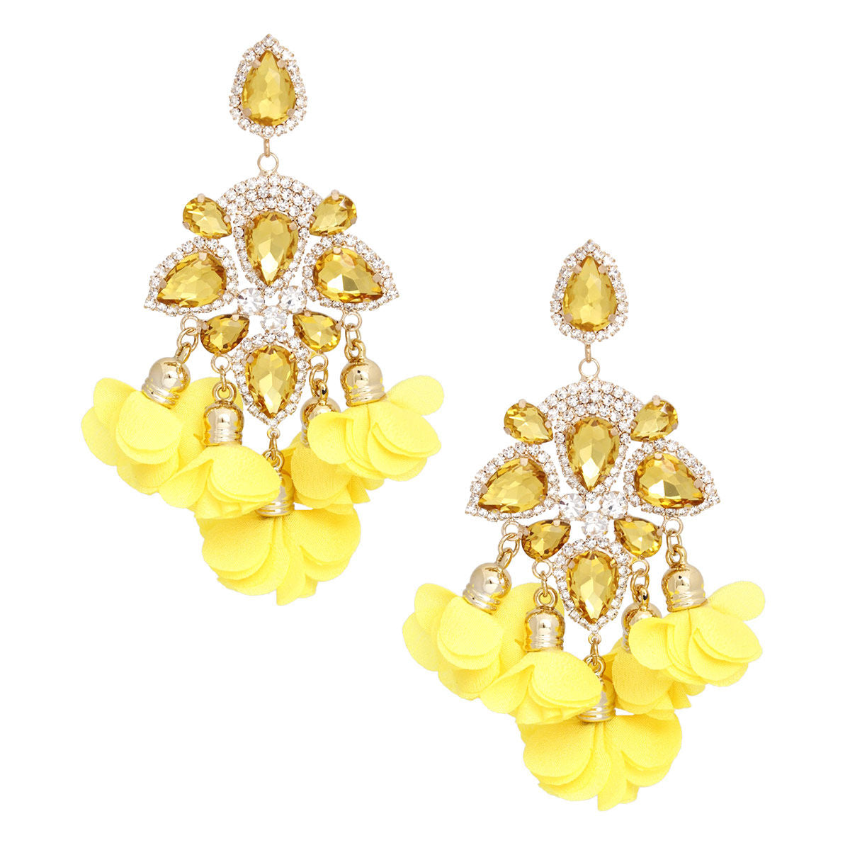 Women's Dangle Earrings Elegant Formal Gold Metal with Yellow Teardrop Crystals and Pave Rhinestones Drop Earrings Featuring Fabric Petal Tassel Details. Post Backing.