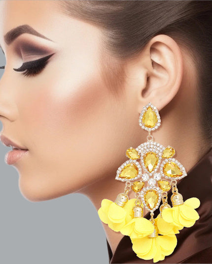 Women's Dangle Earrings Elegant Formal Gold Metal with Yellow Teardrop Crystals and Pave Rhinestones Drop Earrings Featuring Fabric Petal Tassel Details. Post Backing.