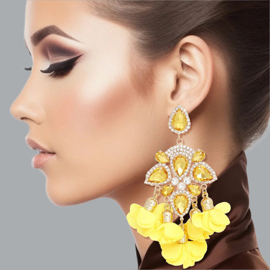 Women's Dangle Earrings Elegant Formal Gold Metal with Yellow Teardrop Crystals and Pave Rhinestones Drop Earrings Featuring Fabric Petal Tassel Details. Post Backing.