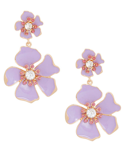 Women's Drop Earrings Gold Metal and Lavender Epoxy Tropical Flower Shaped Post Backing Earrings with Matching Larger Flower Drop Detail. Earrings Feature Rhinestone Center Detailing.