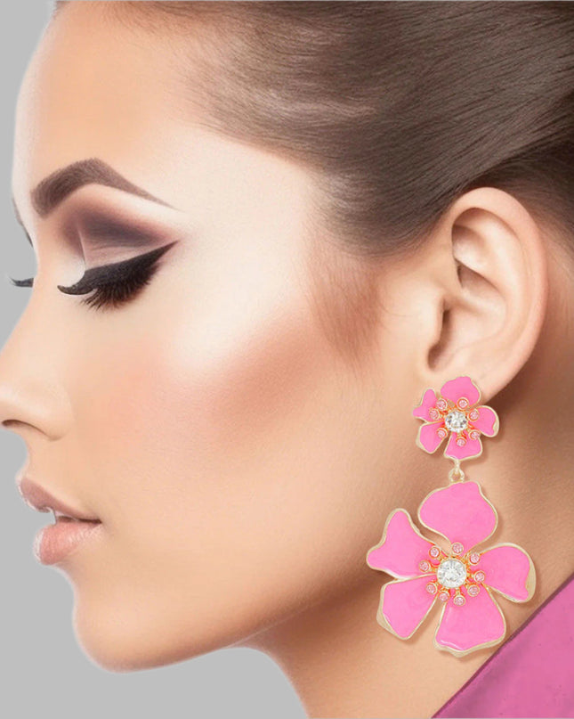 Women's Drop Earrings Gold Metal and Pink Epoxy Tropical Flower Shaped Post Backing Earrings with Matching Larger Flower Drop Detail. Earrings Feature Rhinestone Center Detailing.