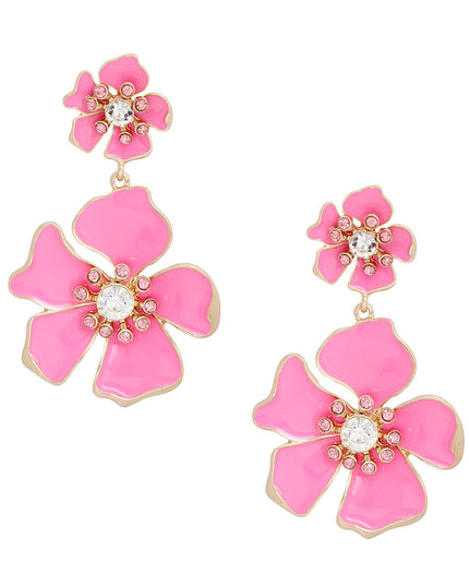 Women's Drop Earrings Gold Metal and Pink Epoxy Tropical Flower Shaped Post Backing Earrings with Matching Larger Flower Drop Detail. Earrings Feature Rhinestone Center Detailing.