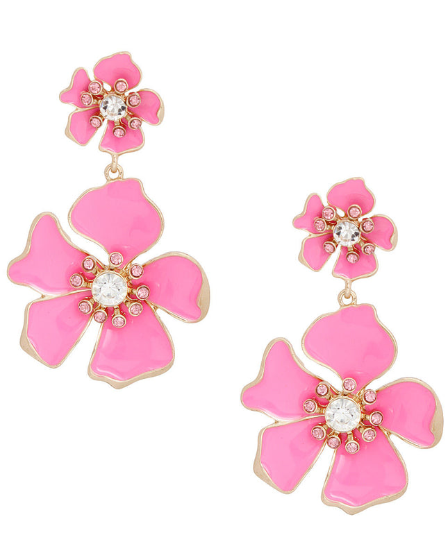 Women's Drop Earrings Gold Metal and Pink Epoxy Tropical Flower Shaped Post Backing Earrings with Matching Larger Flower Drop Detail. Earrings Feature Rhinestone Center Detailing.