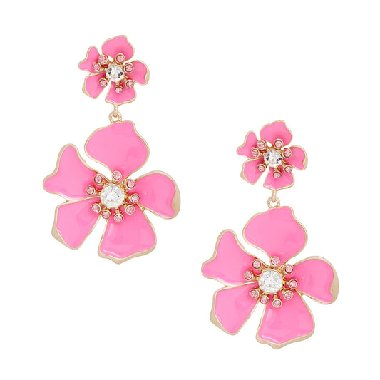 Women's Drop Earrings Gold Metal and Pink Epoxy Tropical Flower Shaped Post Backing Earrings with Matching Larger Flower Drop Detail. Earrings Feature Rhinestone Center Detailing.