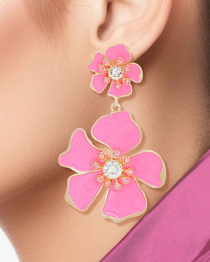 Women's Drop Earrings Gold Metal and Pink Epoxy Tropical Flower Shaped Post Backing Earrings with Matching Larger Flower Drop Detail. Earrings Feature Rhinestone Center Detailing.