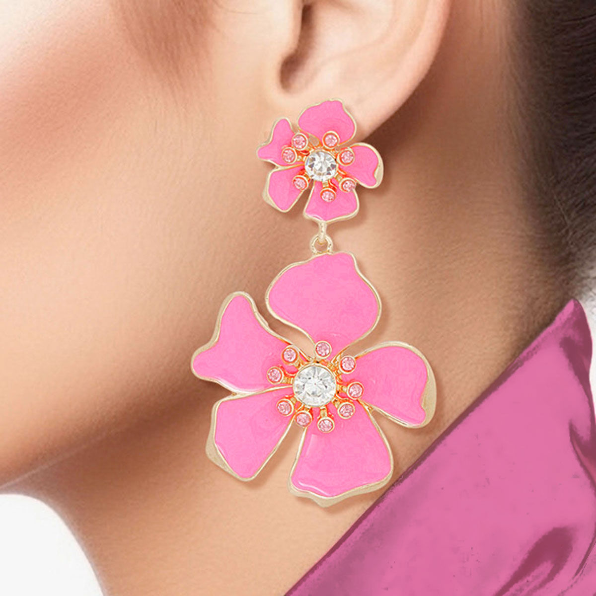 Women's Drop Earrings Gold Metal and Pink Epoxy Tropical Flower Shaped Post Backing Earrings with Matching Larger Flower Drop Detail. Earrings Feature Rhinestone Center Detailing.