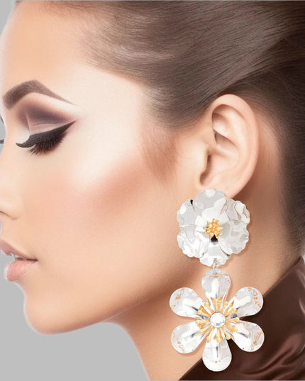 Women's Drop Earrings Shiny Silver Metal 3D Shaped Post Backing Earrings Featuring Curved Petal Drop Flower. Earrings Feature Gold Metal and Rhinestone Centers.