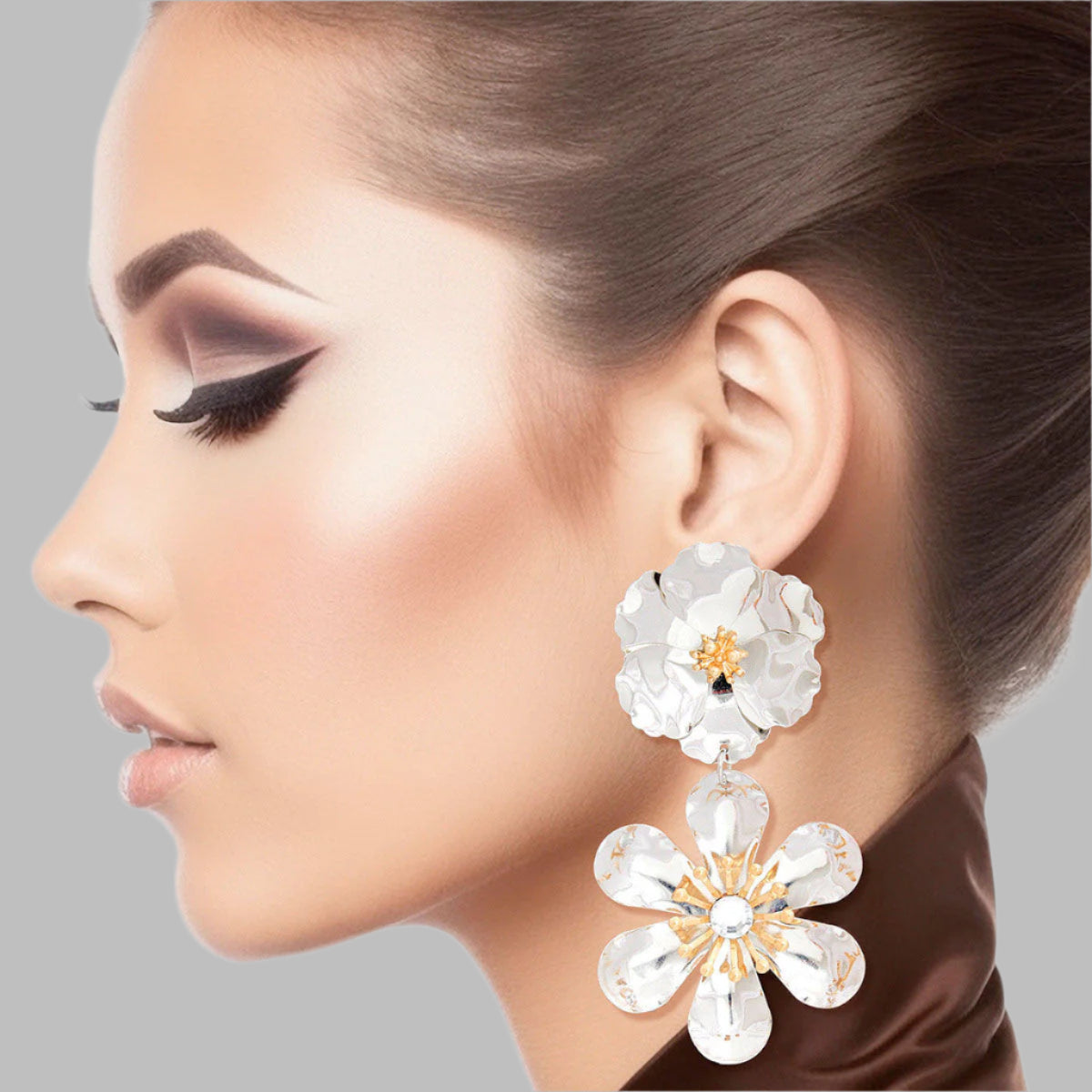 Women's Drop Earrings Shiny Silver Metal 3D Shaped Post Backing Earrings Featuring Curved Petal Drop Flower. Earrings Feature Gold Metal and Rhinestone Centers.