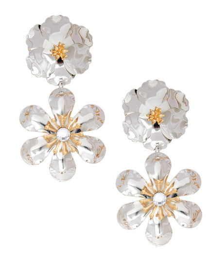 Women's Drop Earrings Shiny Silver Metal 3D Shaped Post Backing Earrings Featuring Curved Petal Drop Flower. Earrings Feature Gold Metal and Rhinestone Centers.