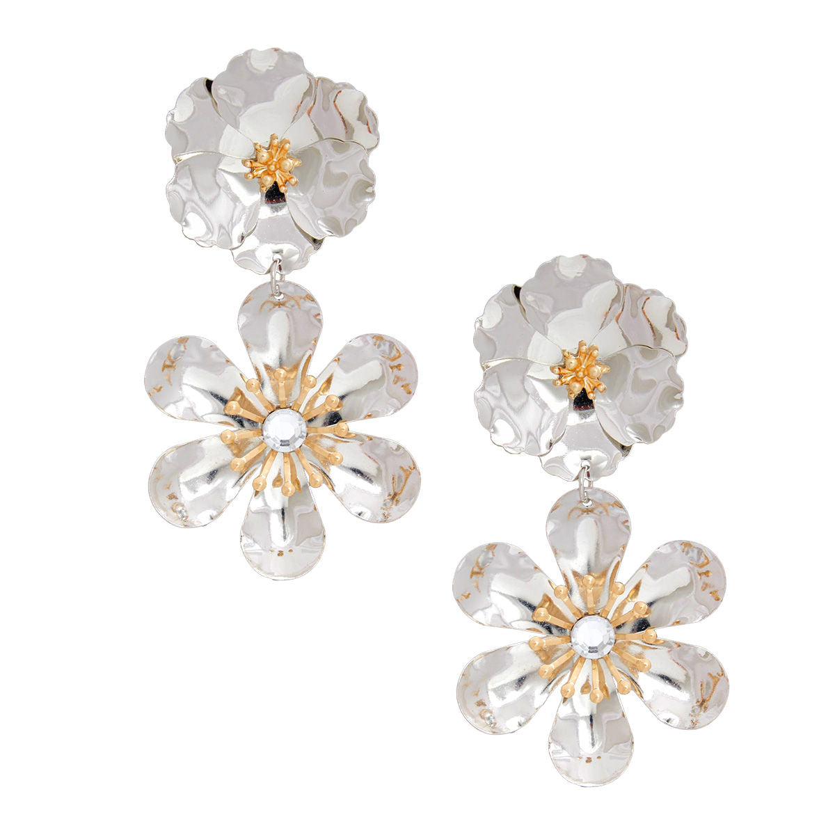 Women's Drop Earrings Shiny Silver Metal 3D Shaped Post Backing Earrings Featuring Curved Petal Drop Flower. Earrings Feature Gold Metal and Rhinestone Centers.