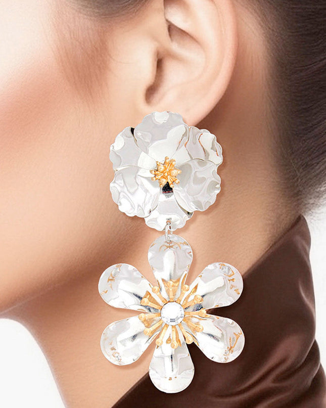 Women's Drop Earrings Shiny Silver Metal 3D Shaped Post Backing Earrings Featuring Curved Petal Drop Flower. Earrings Feature Gold Metal and Rhinestone Centers.