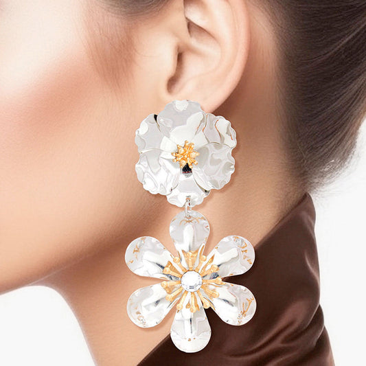Women's Drop Earrings Shiny Silver Metal 3D Shaped Post Backing Earrings Featuring Curved Petal Drop Flower. Earrings Feature Gold Metal and Rhinestone Centers.