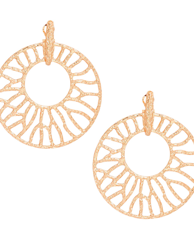 Women's Drop Earrings XLarge Gold Metal Hammered Texture Earrings Featuring Omega Hinge Post Backing with Branched Wheel Drop Design.