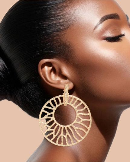 Women's Drop Earrings XLarge Gold Metal Hammered Texture Earrings Featuring Omega Hinge Post Backing with Branched Wheel Drop Design.