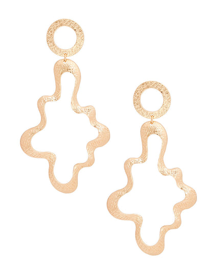 Women's Drop Earrings XLarge Gold Metal Scratched Texture Design Circle Shape Post Backing Earrings Featuring Curved Wavy Metal Statement Drop Detail.