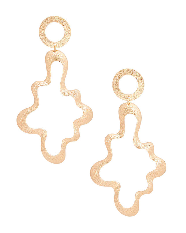 Women's Drop Earrings XLarge Gold Metal Scratched Texture Design Circle Shape Post Backing Earrings Featuring Curved Wavy Metal Statement Drop Detail.