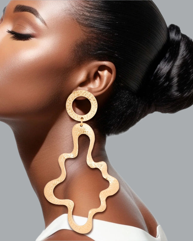 Women's Drop Earrings XLarge Gold Metal Scratched Texture Design Circle Shape Post Backing Earrings Featuring Curved Wavy Metal Statement Drop Detail.