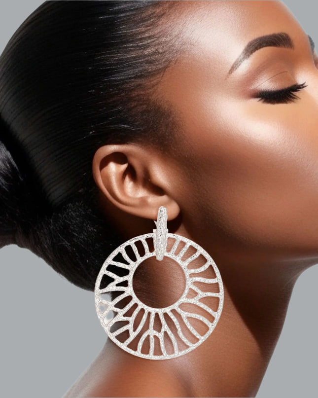 Women's Drop Earrings XLarge Silver Metal Hammered Texture Earrings Featuring Omega Hinge Post Backing with Branched Wheel Drop Design.