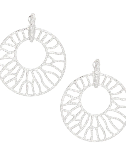 Women's Drop Earrings XLarge Silver Metal Hammered Texture Earrings Featuring Omega Hinge Post Backing with Branched Wheel Drop Design.