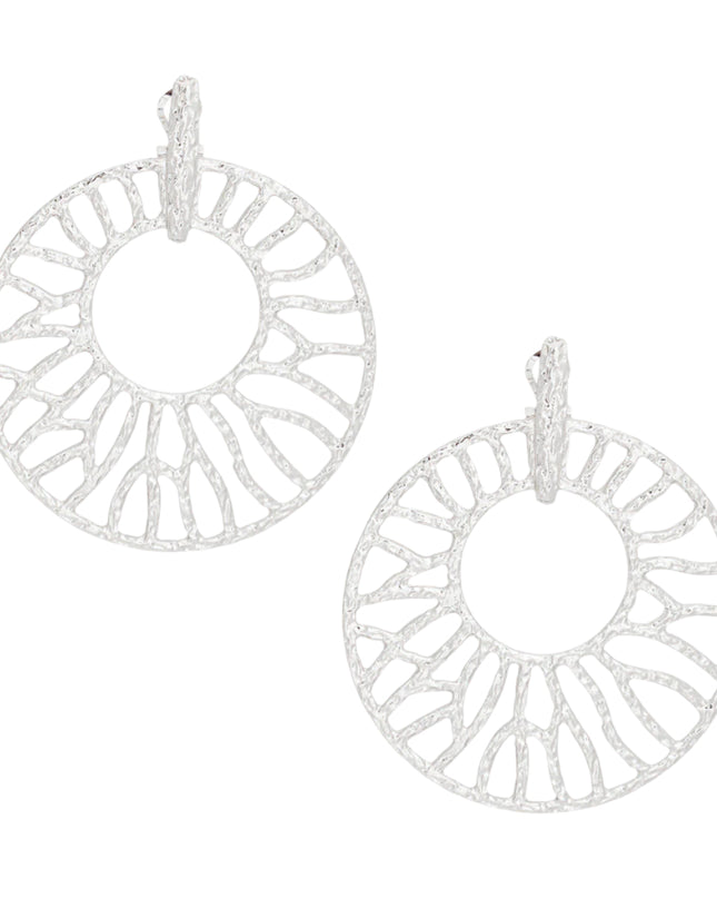 Women's Drop Earrings XLarge Silver Metal Hammered Texture Earrings Featuring Omega Hinge Post Backing with Branched Wheel Drop Design.