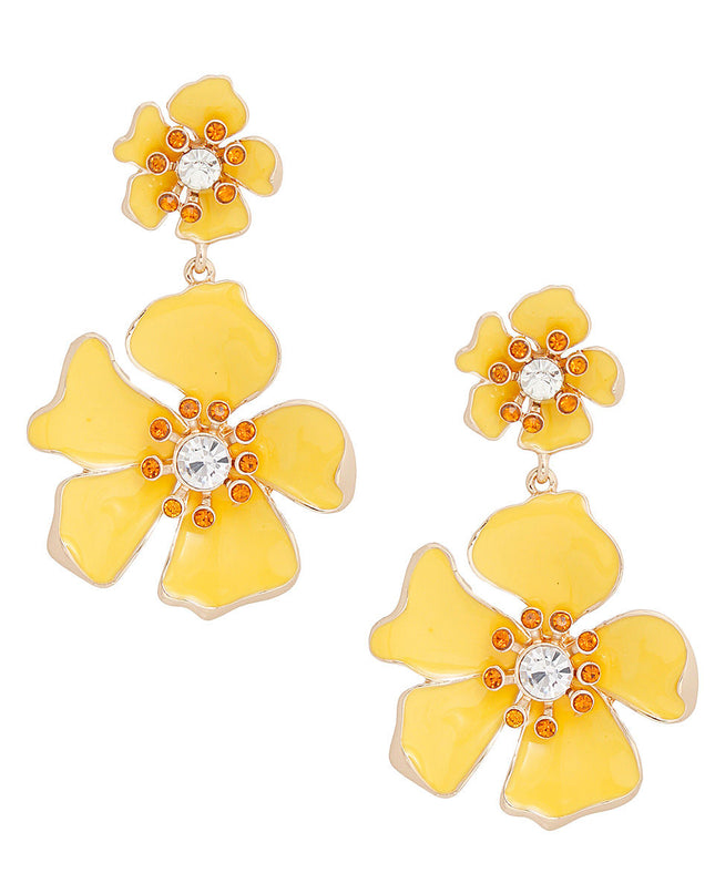 Women's Drop Earrings Gold Metal and Yellow Epoxy Tropical Flower Shaped Post Backing Earrings with Matching Larger Flower Drop Detail. Earrings Feature Rhinestone Center Detailing.