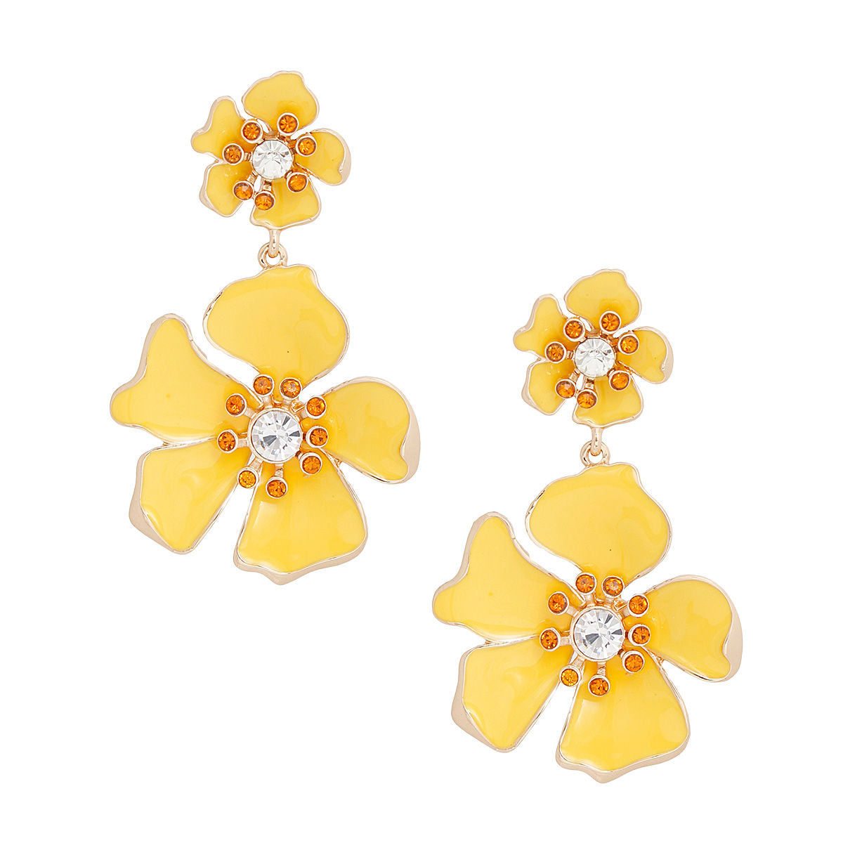 Women's Drop Earrings Gold Metal and Yellow Epoxy Tropical Flower Shaped Post Backing Earrings with Matching Larger Flower Drop Detail. Earrings Feature Rhinestone Center Detailing.
