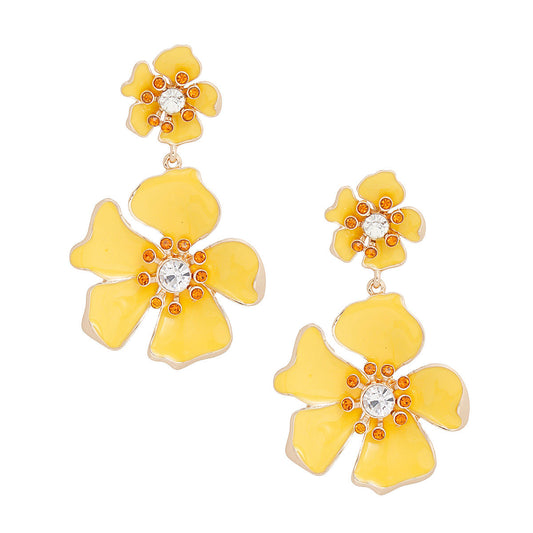Women's Drop Earrings Gold Metal and Yellow Epoxy Tropical Flower Shaped Post Backing Earrings with Matching Larger Flower Drop Detail. Earrings Feature Rhinestone Center Detailing.
