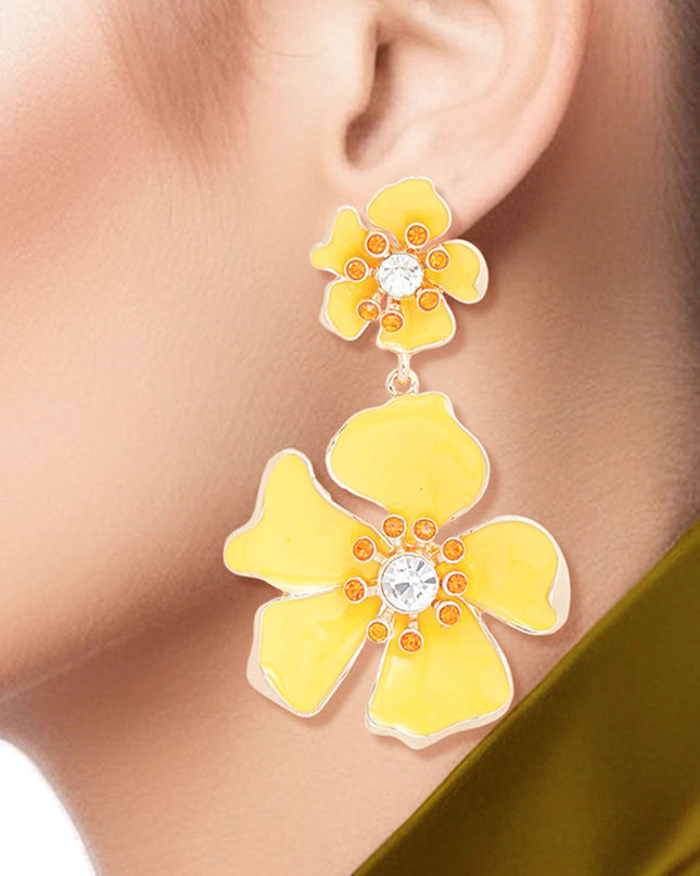 Women's Drop Earrings Gold Metal and Yellow Epoxy Tropical Flower Shaped Post Backing Earrings with Matching Larger Flower Drop Detail. Earrings Feature Rhinestone Center Detailing.
